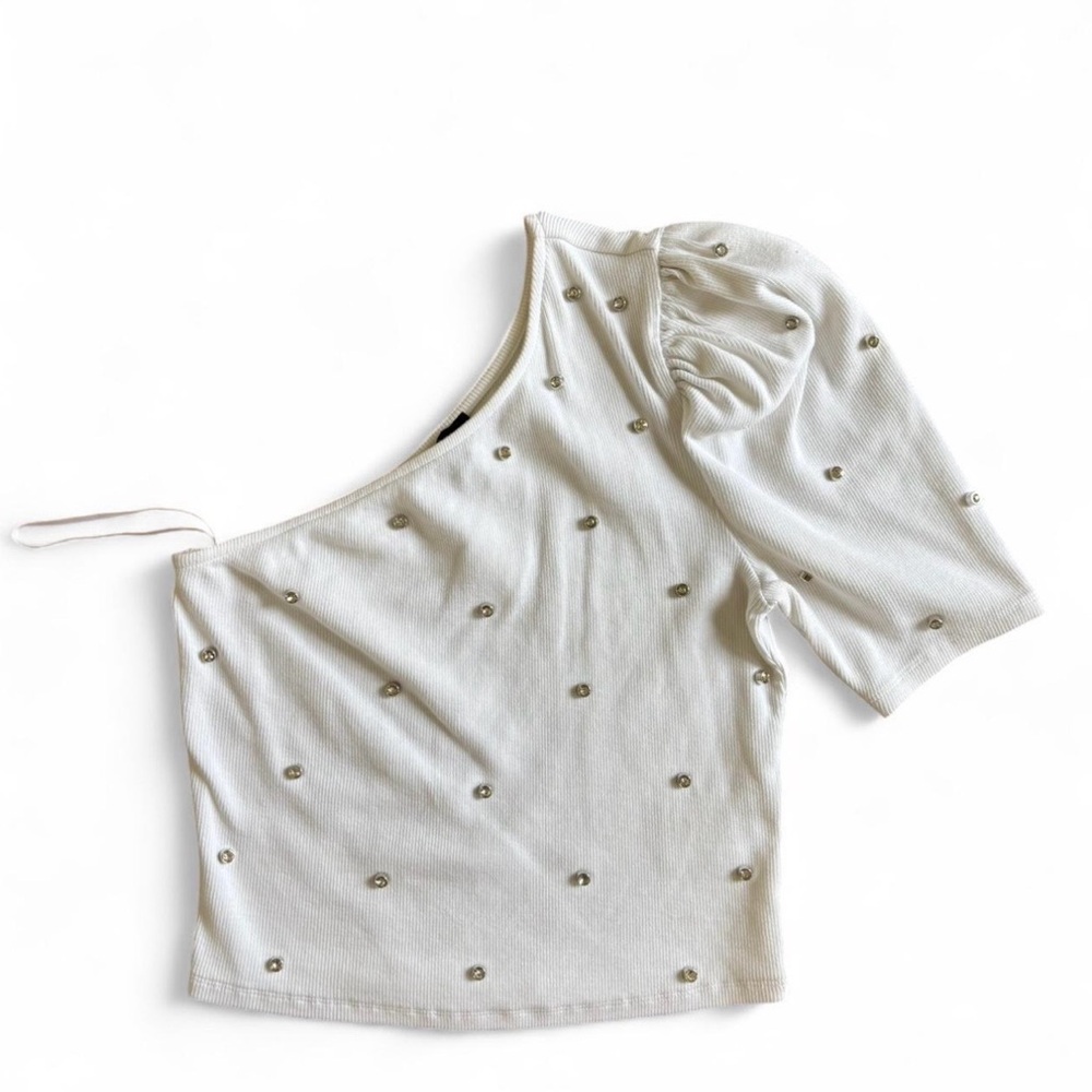 Express Off-White Embellished One-Shoulder Blouse